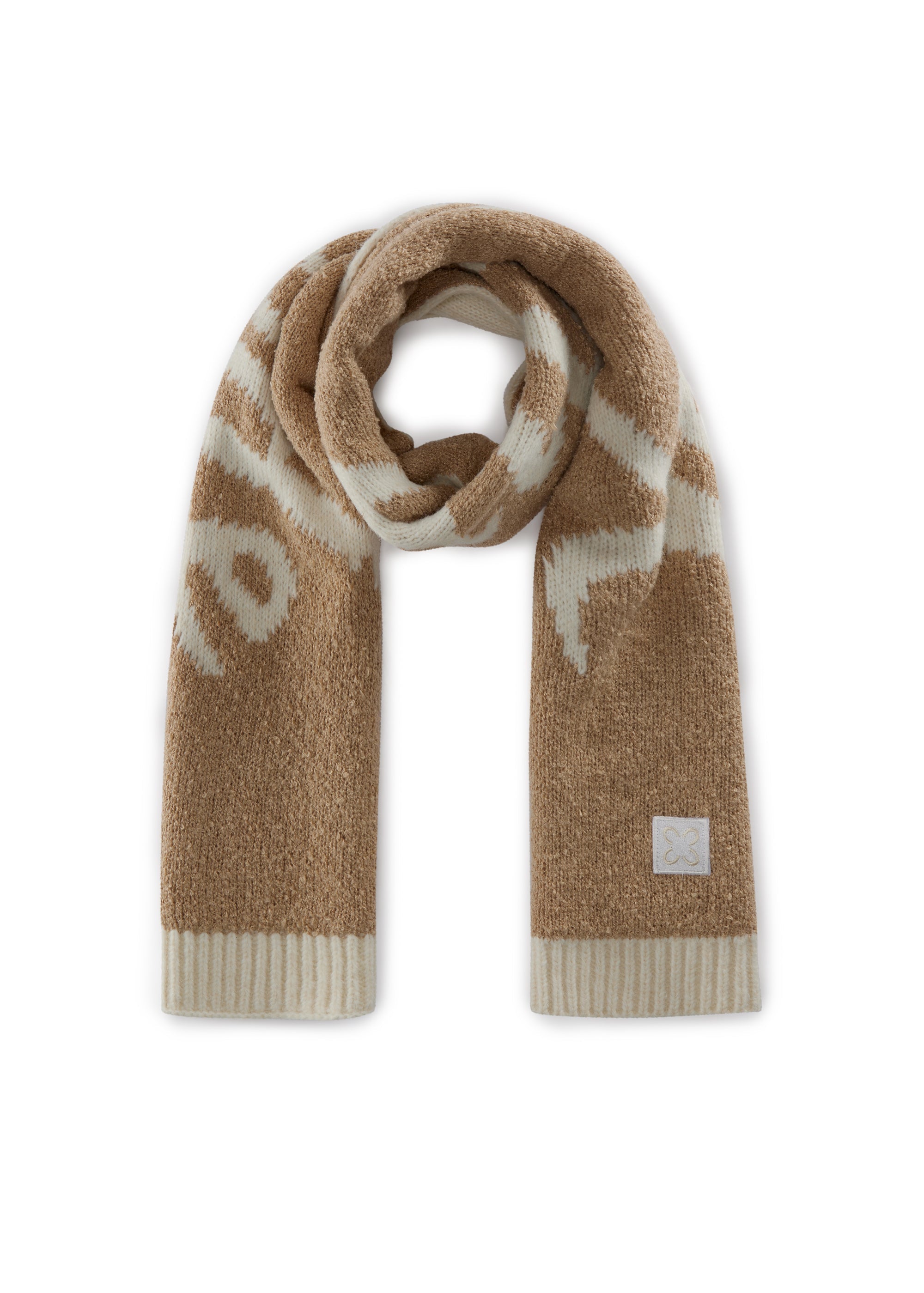 Schmaler Schal aus Bouclé- und Glattstrick mit Statement