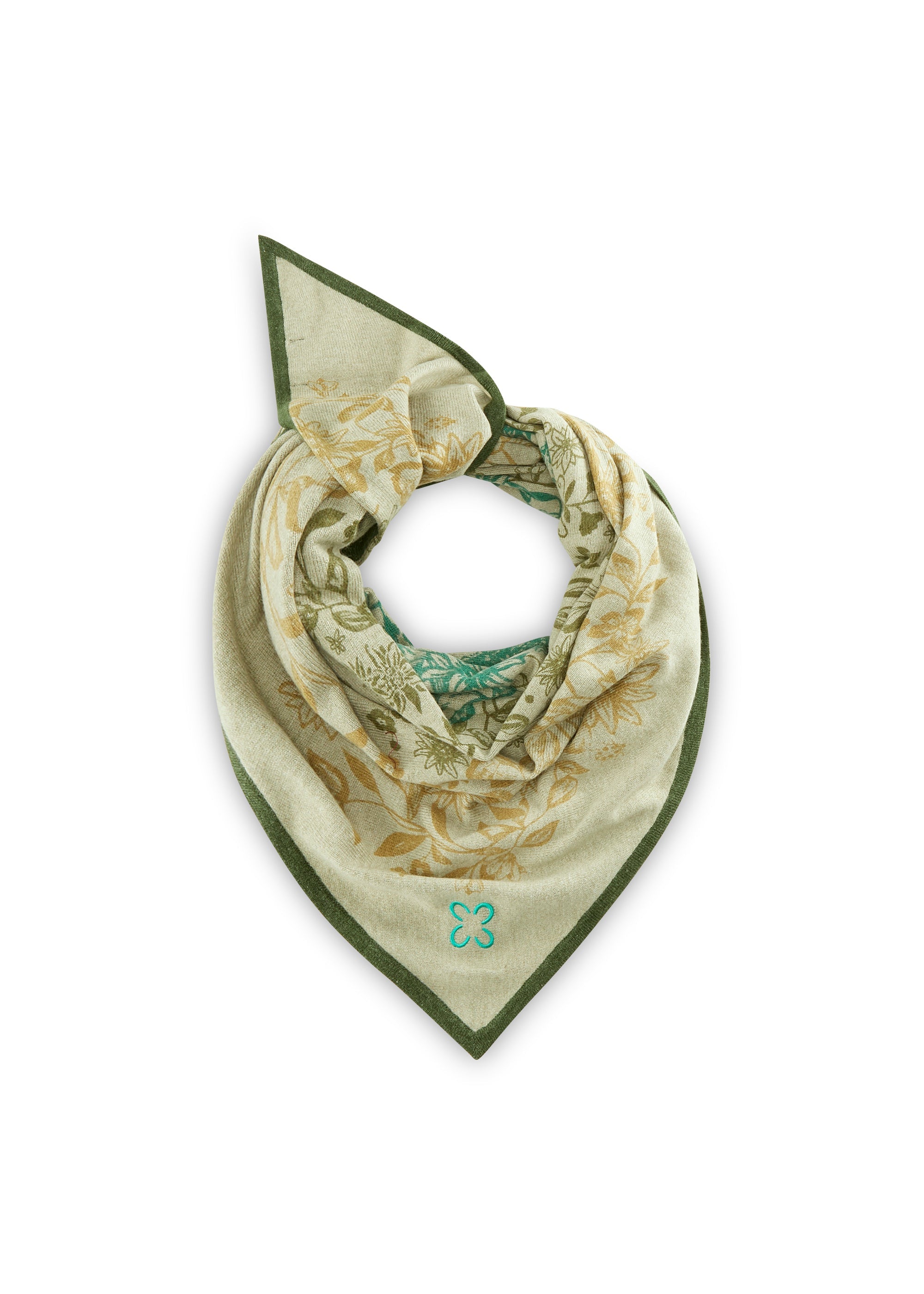 Hochwertiges Feinstrick-Dreieckstuch mit handgedrucktem Blumen-Motiv