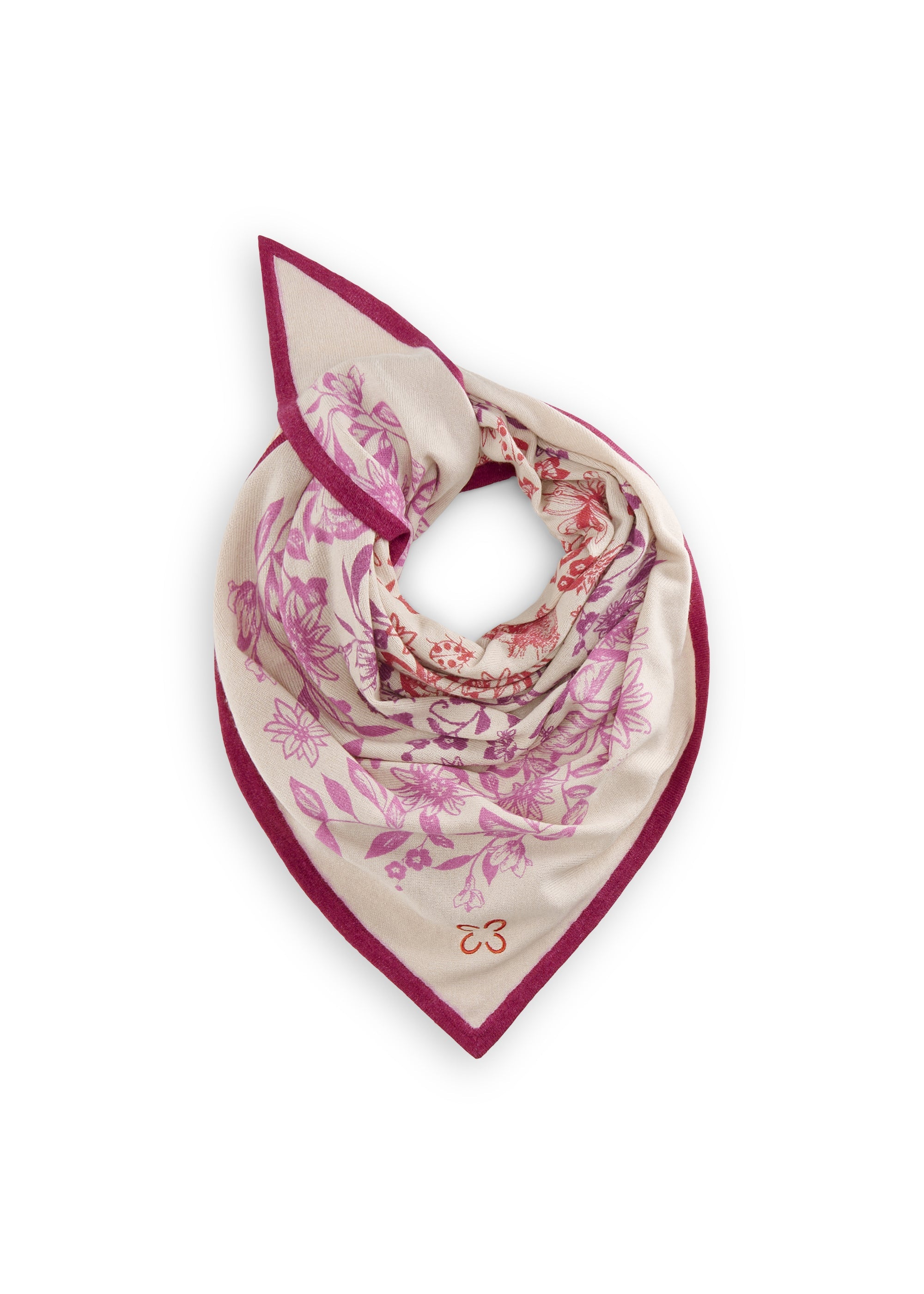 Hochwertiges Feinstrick-Dreieckstuch mit handgedrucktem Blumen-Motiv