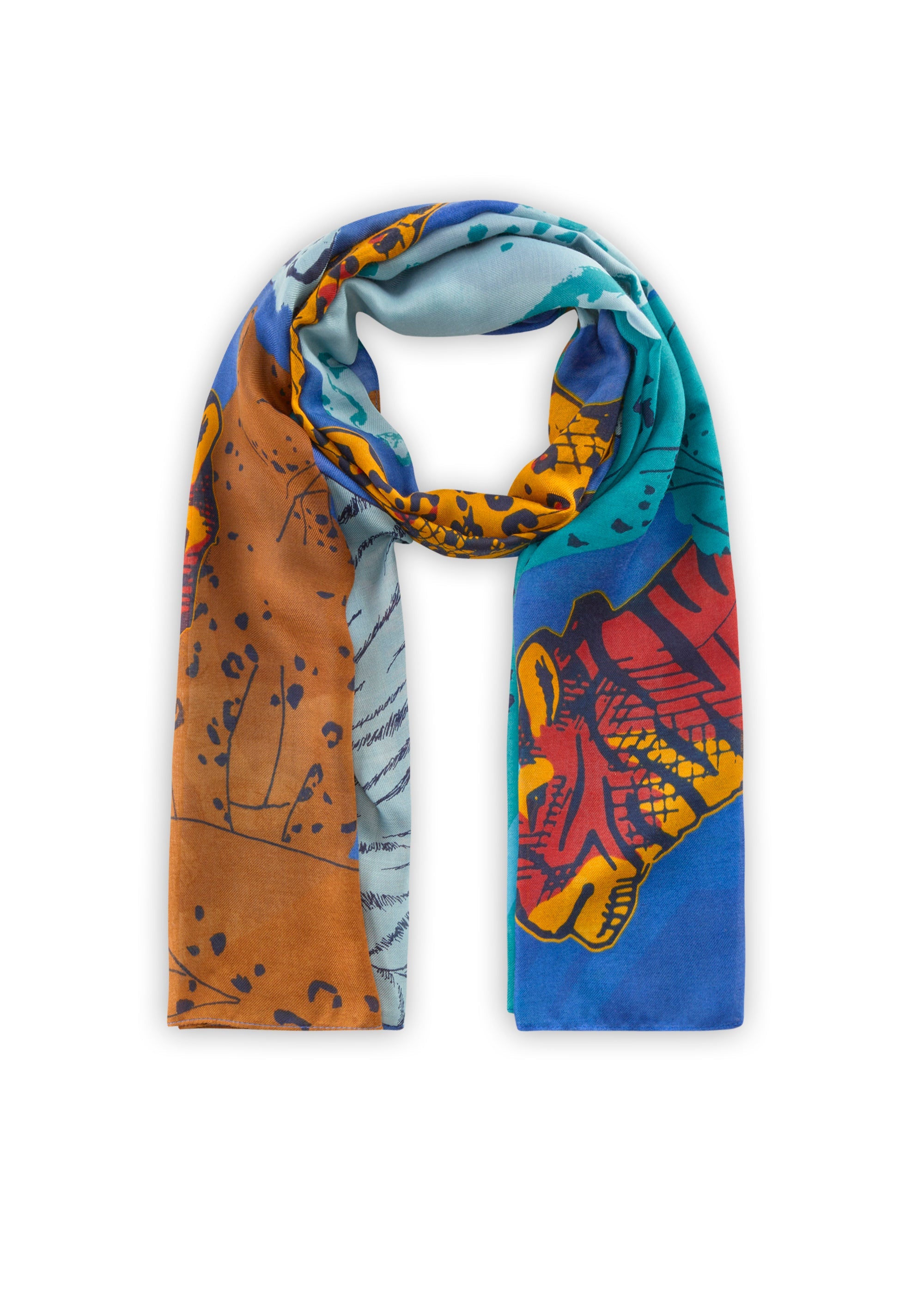 Schal aus recyceltem Polyester mit Leo- und Tiger-Motiven