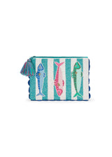 Perlenbestickte Clutch Fish Parade“ – Türkis & Weiß mit Quaste