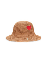 Bucket Hat aus Stroh mit Herz-Stickerei in Beige