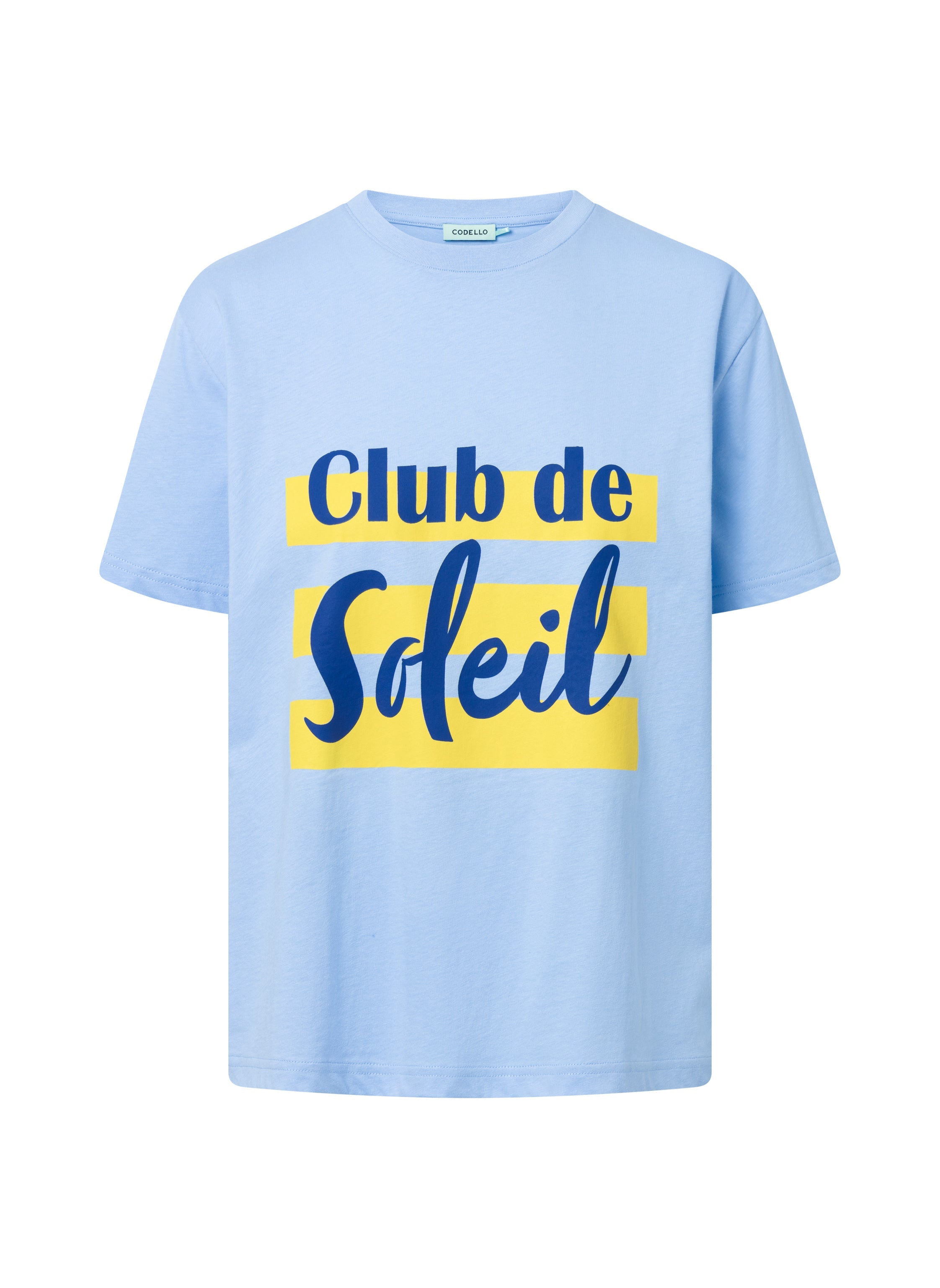 T-Shirt aus Baumwolle in Hellblau mit "Club de Soleil" - Motiv